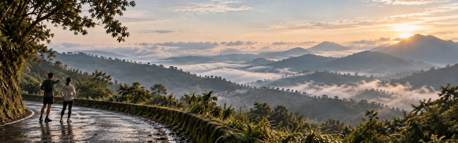 淡藍色清晨，旅客與晨跑引導員在山林旅宿外暖身